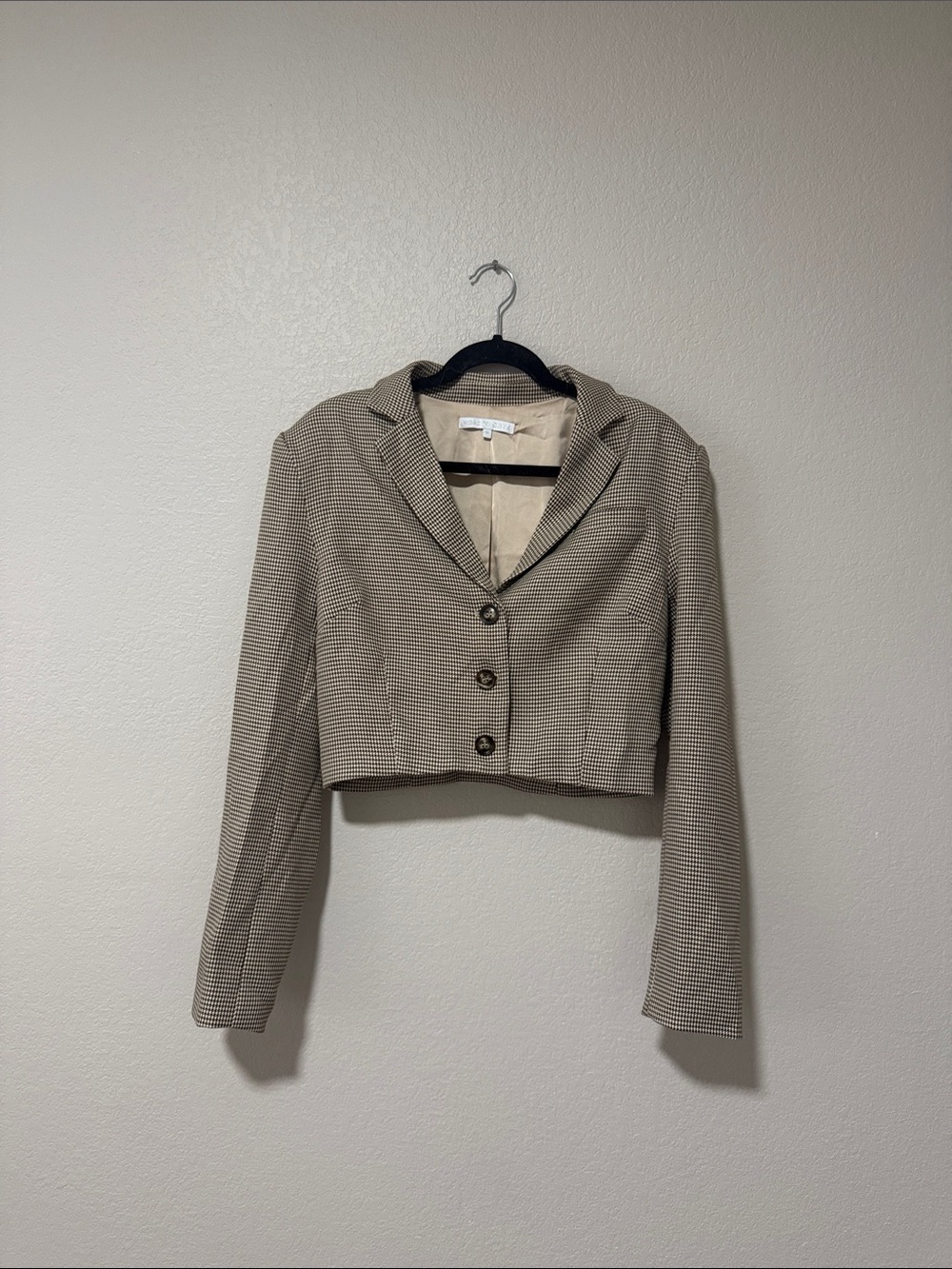 Women's Cropped Houndstooth Blazer Jacket - Beige